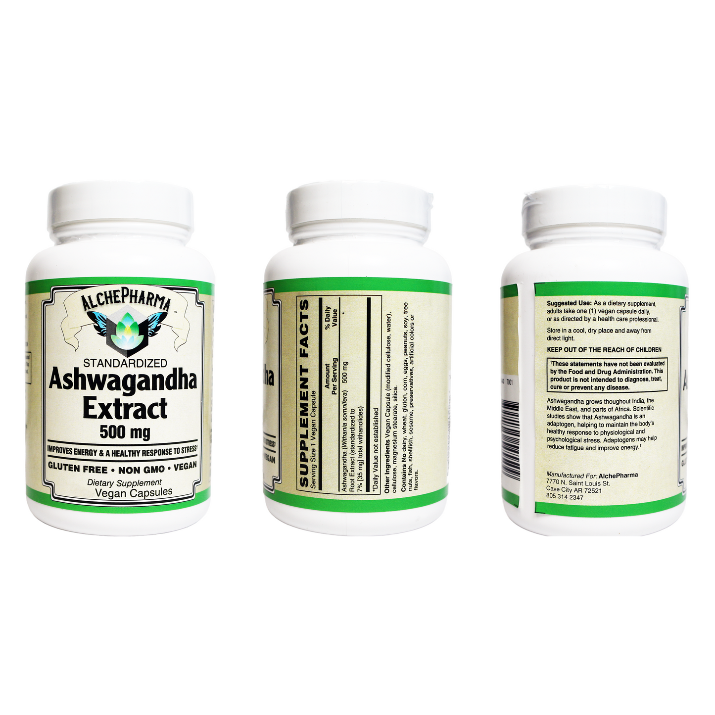 Ashwagandha Extract Capsules Standardized to 7% Withanolides, Vegan-Ayurvedic-AlchePharma