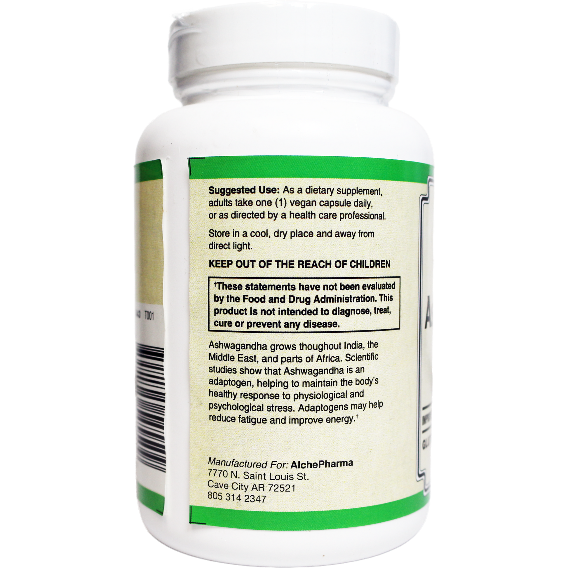 Ashwagandha Extract Capsules Standardized to 7% Withanolides, Vegan-Ayurvedic-AlchePharma