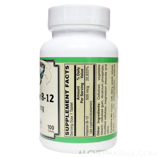 B-12 500 mcg. Certified Vegan - Cyanocobalamin-Vitamins & Supplements-AlchePharma