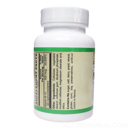 B-12 500 mcg. Certified Vegan - Cyanocobalamin-Vitamins & Supplements-AlchePharma