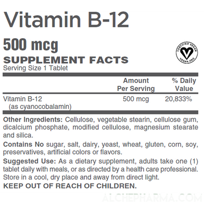 B-12 500 mcg. Certified Vegan - Cyanocobalamin-Vitamins & Supplements-AlchePharma
