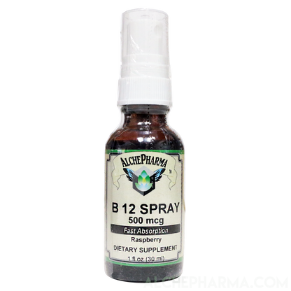 B-12 Spray 500 mcg- Cyanocobalamin 177 Servings per 1 fL oz. (30 ml) Parve K-1607-Vitamins & Supplements-AlchePharma
