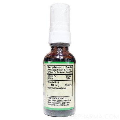 B-12 Spray 500 mcg- Cyanocobalamin 177 Servings per 1 fL oz. (30 ml) Parve K-1607-Vitamins & Supplements-AlchePharma
