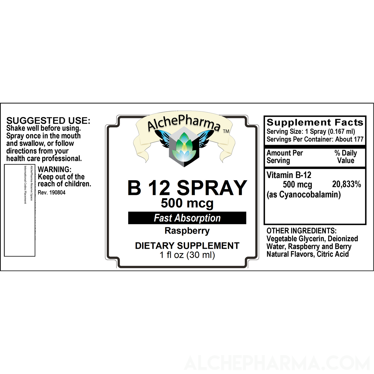 B-12 Spray 500 mcg- Cyanocobalamin 177 Servings per 1 fL oz. (30 ml) Parve K-1607-Vitamins & Supplements-AlchePharma