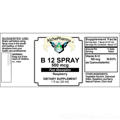 B-12 Spray 500 mcg- Cyanocobalamin 177 Servings per 1 fL oz. (30 ml) Parve K-1607-Vitamins & Supplements-AlchePharma