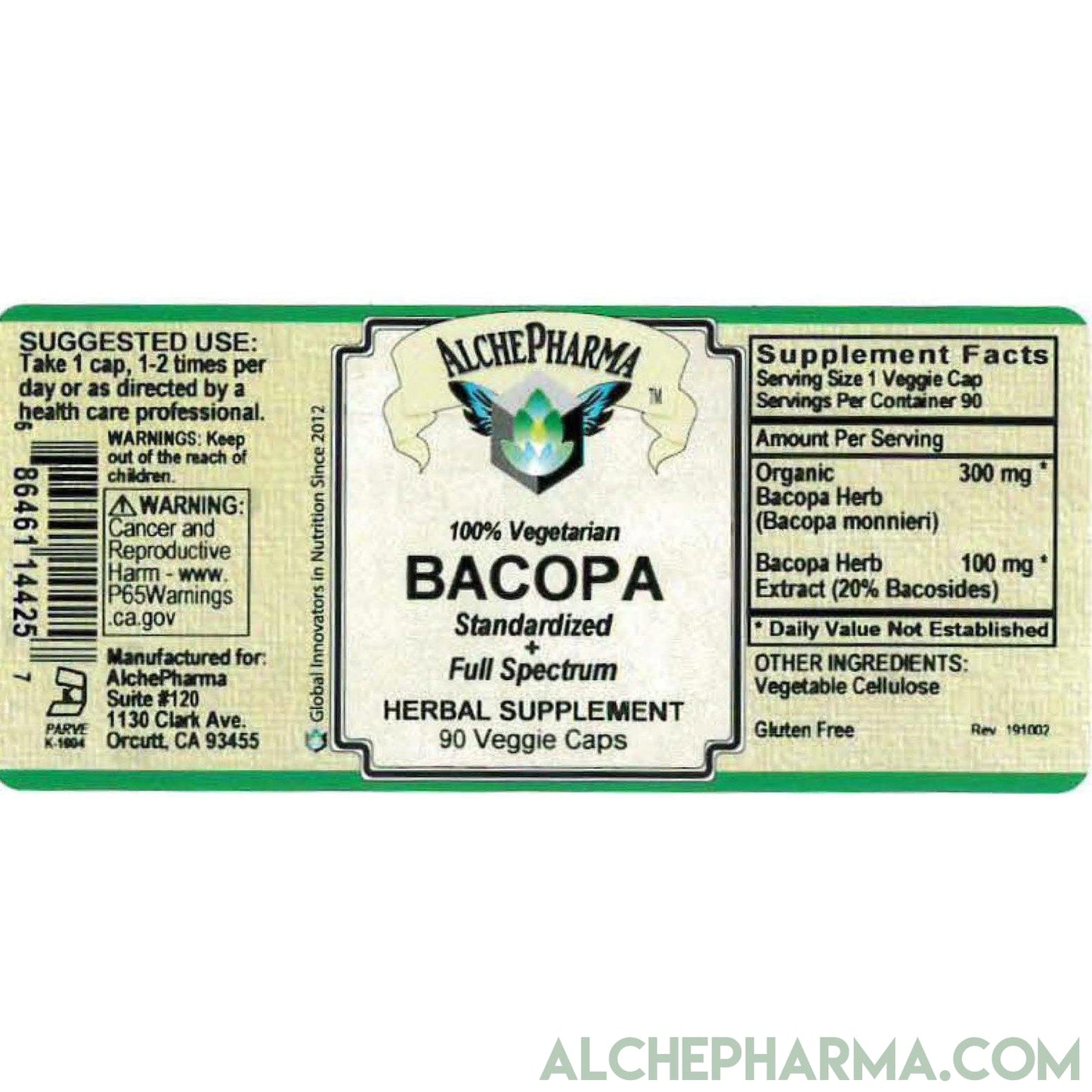 Bacopa contains Organic Full Spectrum w/ 20% Bacosides (90 Vcaps)-Ayurvedic-AlchePharma