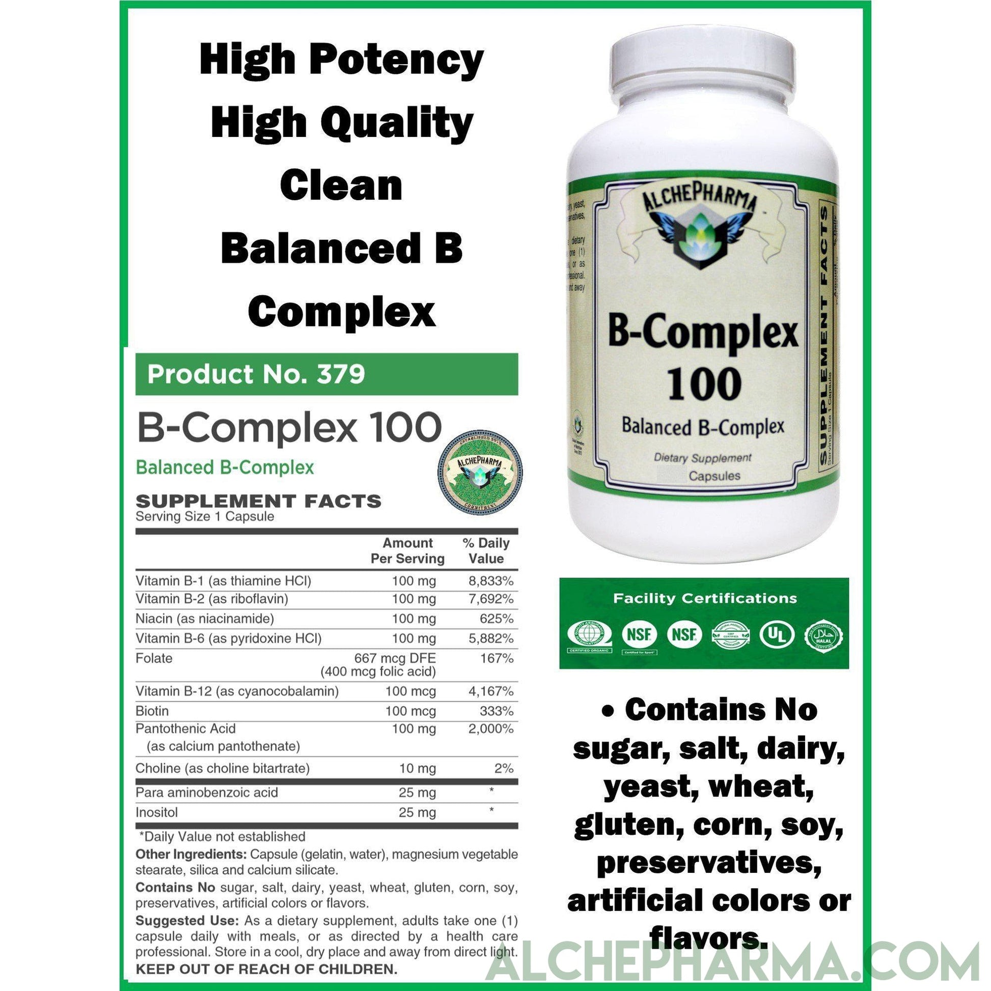 Balanced B-100 Complex Caps with Choline, PABA and Inositol ( Preservative free )-AlchePharma
