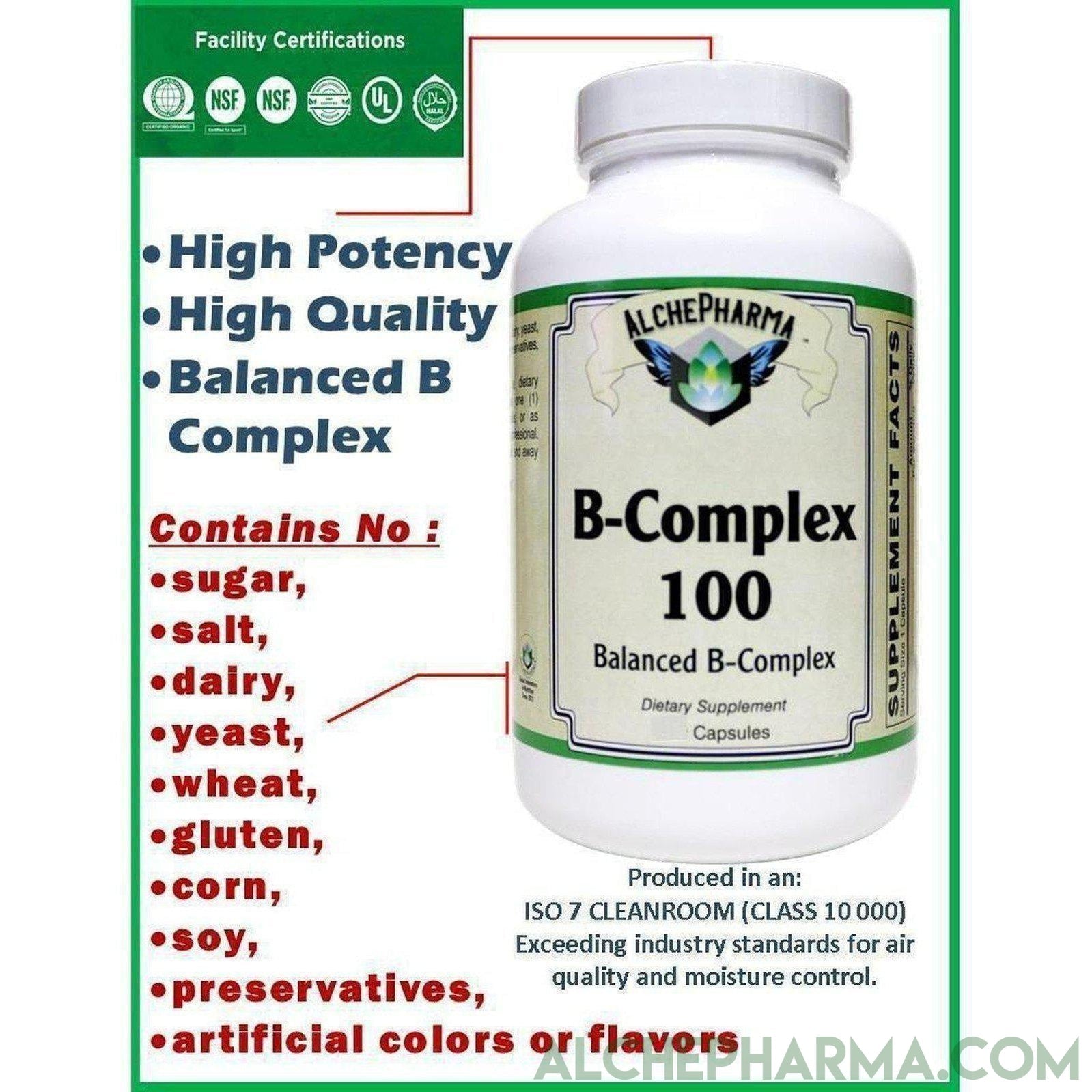 AP Balanced B-100 Complex, 50, 100, 250 Caps with Choline, PABA and Inositol ( Preservative free ) - AlchePharma