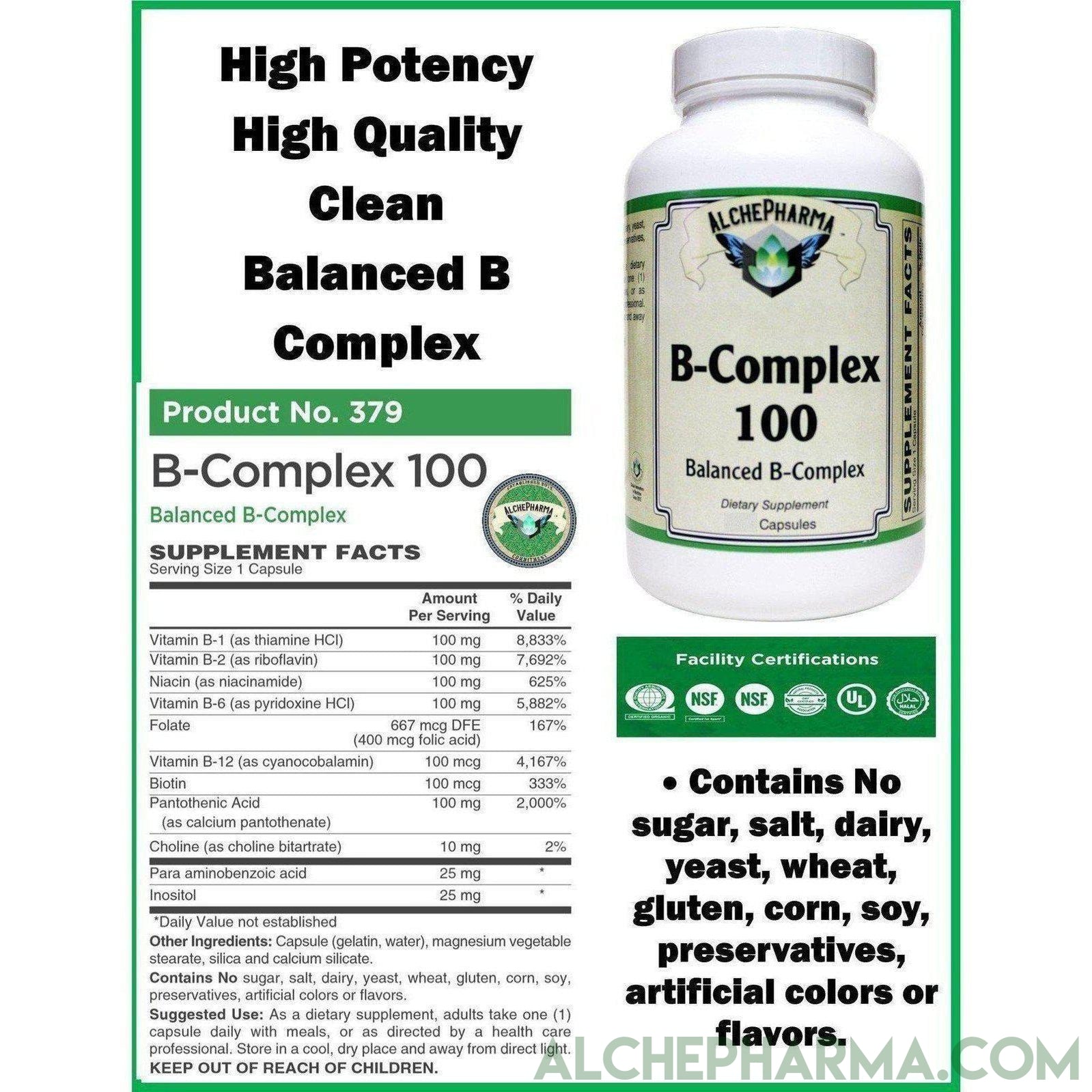 AP Balanced B-100 Complex, 50, 100, 250 Caps with Choline, PABA and Inositol ( Preservative free ) - AlchePharma
