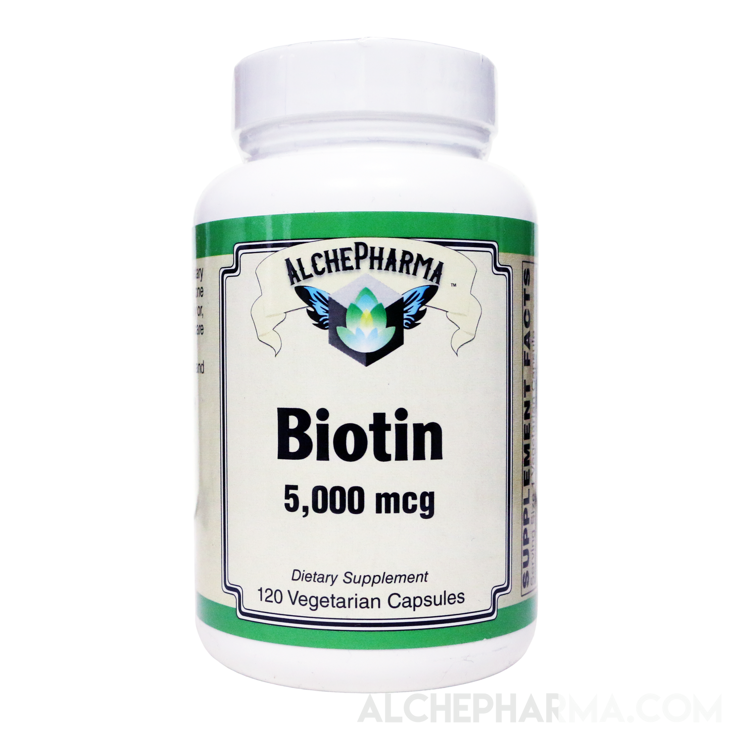 Biotin 5,000 mcg ( 5 mg ) per easy to swallow capsule *FREE of yeast, wheat, gluten and preservatives-AlchePharma