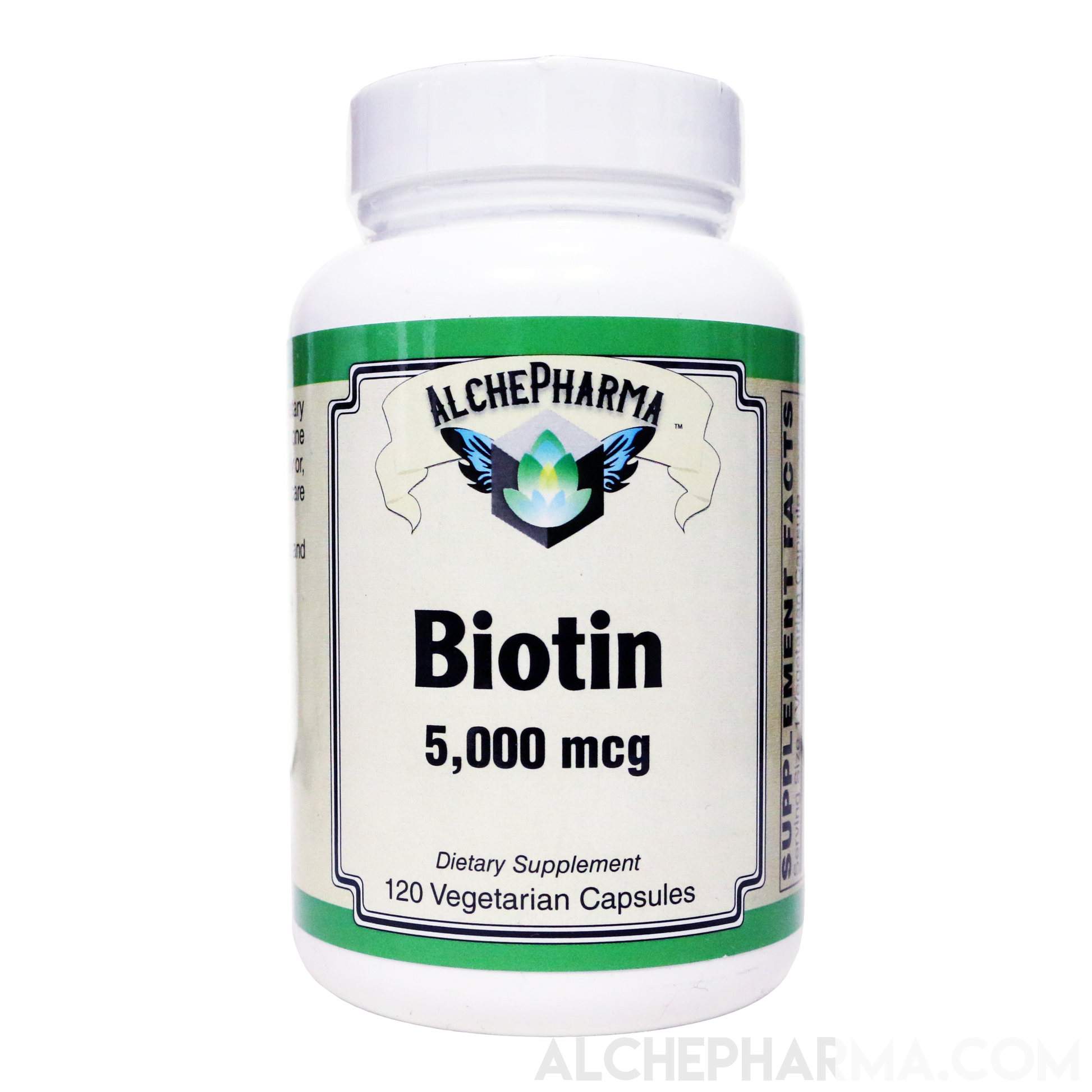 Biotin 5,000 mcg ( 5 mg ) per easy to swallow capsule *FREE of yeast, wheat, gluten and preservatives-AlchePharma