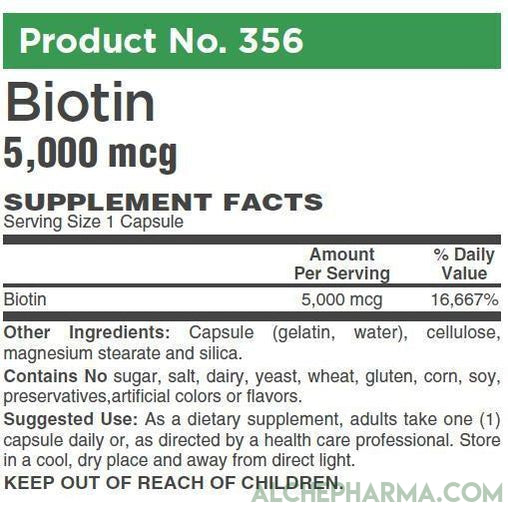 Biotin 5,000 mcg ( 5 mg ) per easy to swallow capsule *FREE of yeast, wheat, gluten and preservatives-AlchePharma