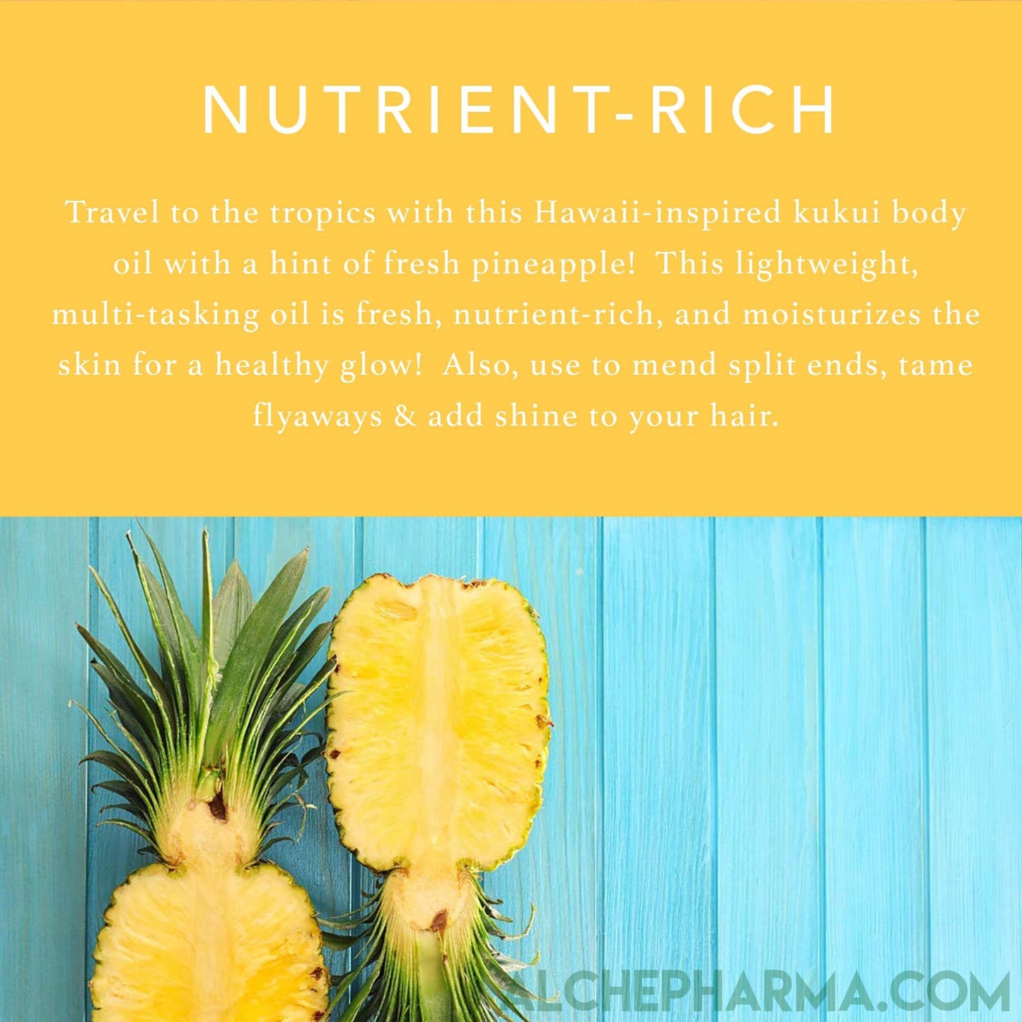 Travel to the tropics with this Hawaii-inspired kukui body oil with a hint of fresh pineapple!