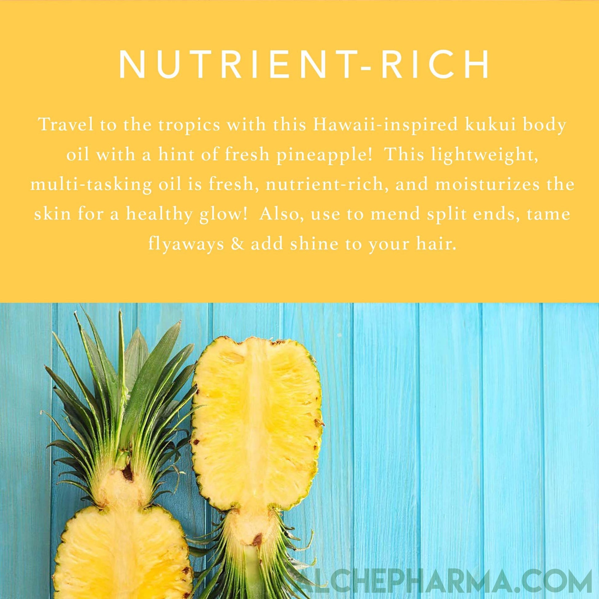 Travel to the tropics with this Hawaii-inspired kukui body oil with a hint of fresh pineapple!