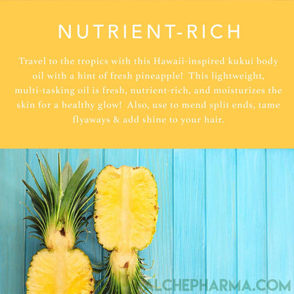 Travel to the tropics with this Hawaii-inspired kukui body oil with a hint of fresh pineapple!