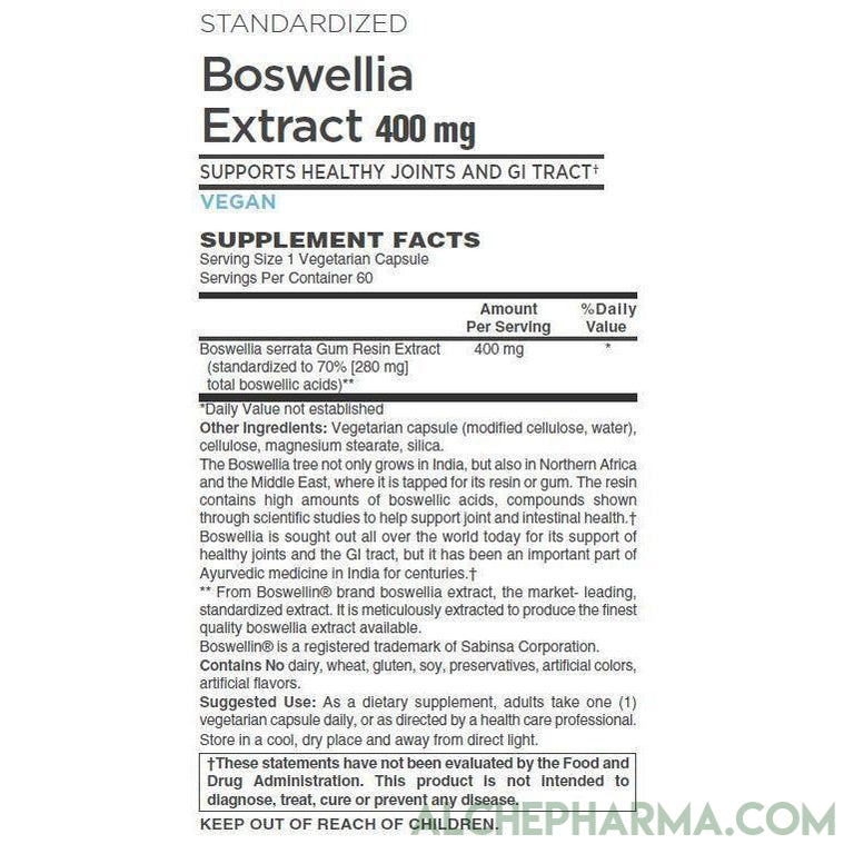 Boswellia Extract 400 mg - Standardized to 70% Boswellic acids ( Vegan )-Herbs-AlchePharma