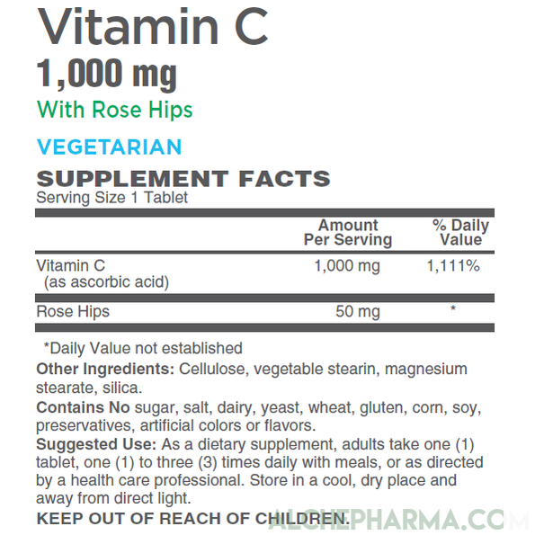 C-1,000mg ( ascorbic acid ) with 50 mg Rose Hips -Soy Corn Gluten Free-Vitamins & Supplements-AlchePharma