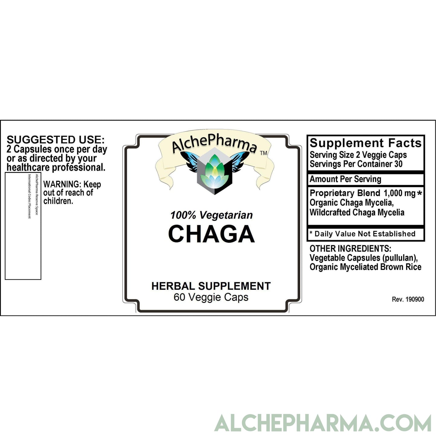 CHAGA Mycelia , Organic and Wild Crafted Mix 500mg per Vcap PARVE-Mushroom-AlchePharma