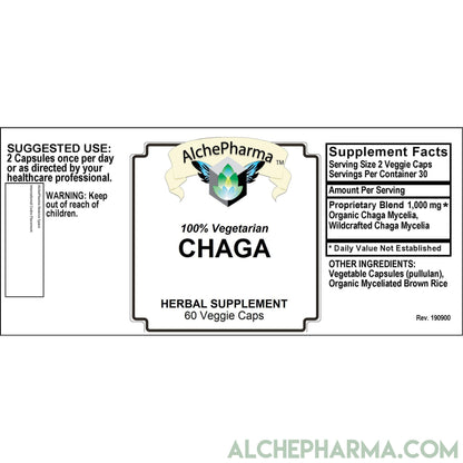 CHAGA Mycelia , Organic and Wild Crafted Mix 500mg per Vcap PARVE-Mushroom-AlchePharma