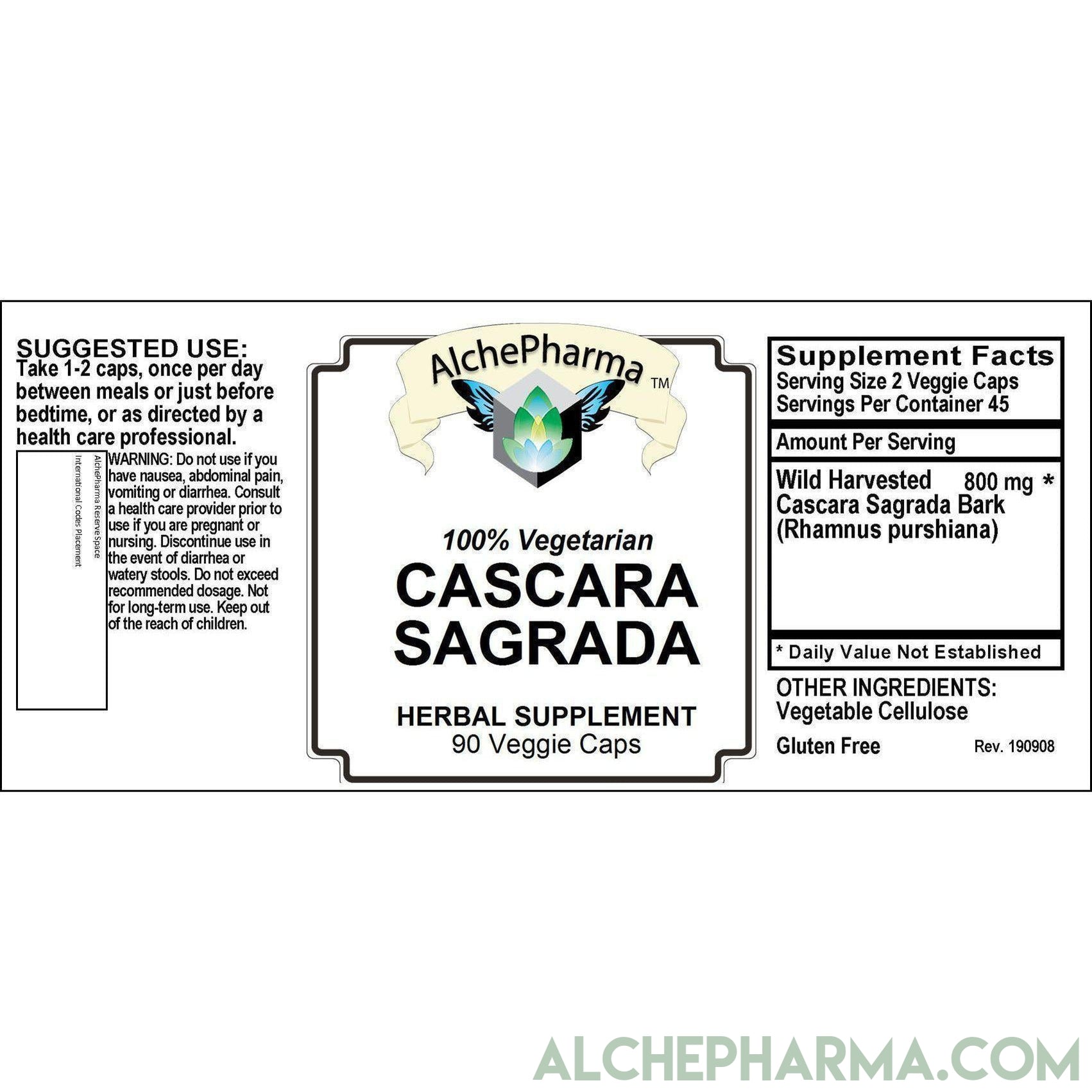 Cascara Sagrada Bark Wild Harvested (Rhamnus purshiana Bark) 400 mg. per Veggie Cap-Herbs-AlchePharma