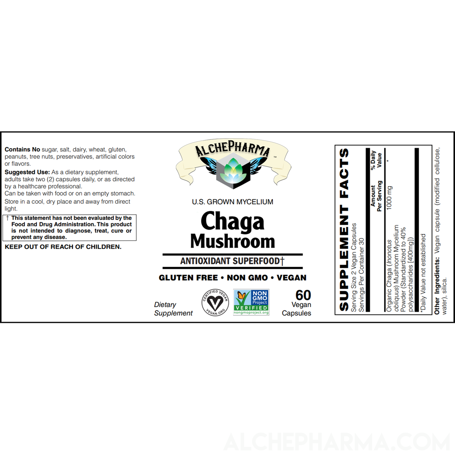 Chaga Mushroom Organic mycelium powder, standardized to 40% polysaccharides-Mushroom-AlchePharma
