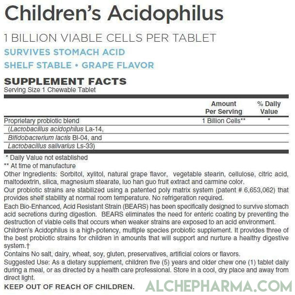 Children's Acidophilus Chewable [ Dairy and Gluten Free, Shelf Stable, Acid Resistant Grape Flavor ]-Probiotics-AlchePharma