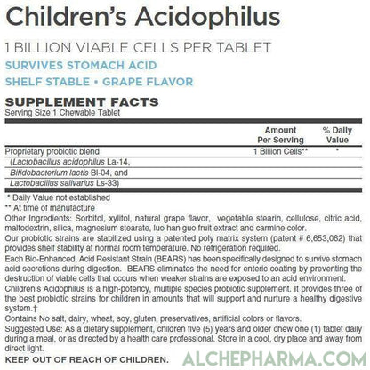 Children's Acidophilus Chewable [ Dairy and Gluten Free, Shelf Stable, Acid Resistant Grape Flavor ]-Probiotics-AlchePharma