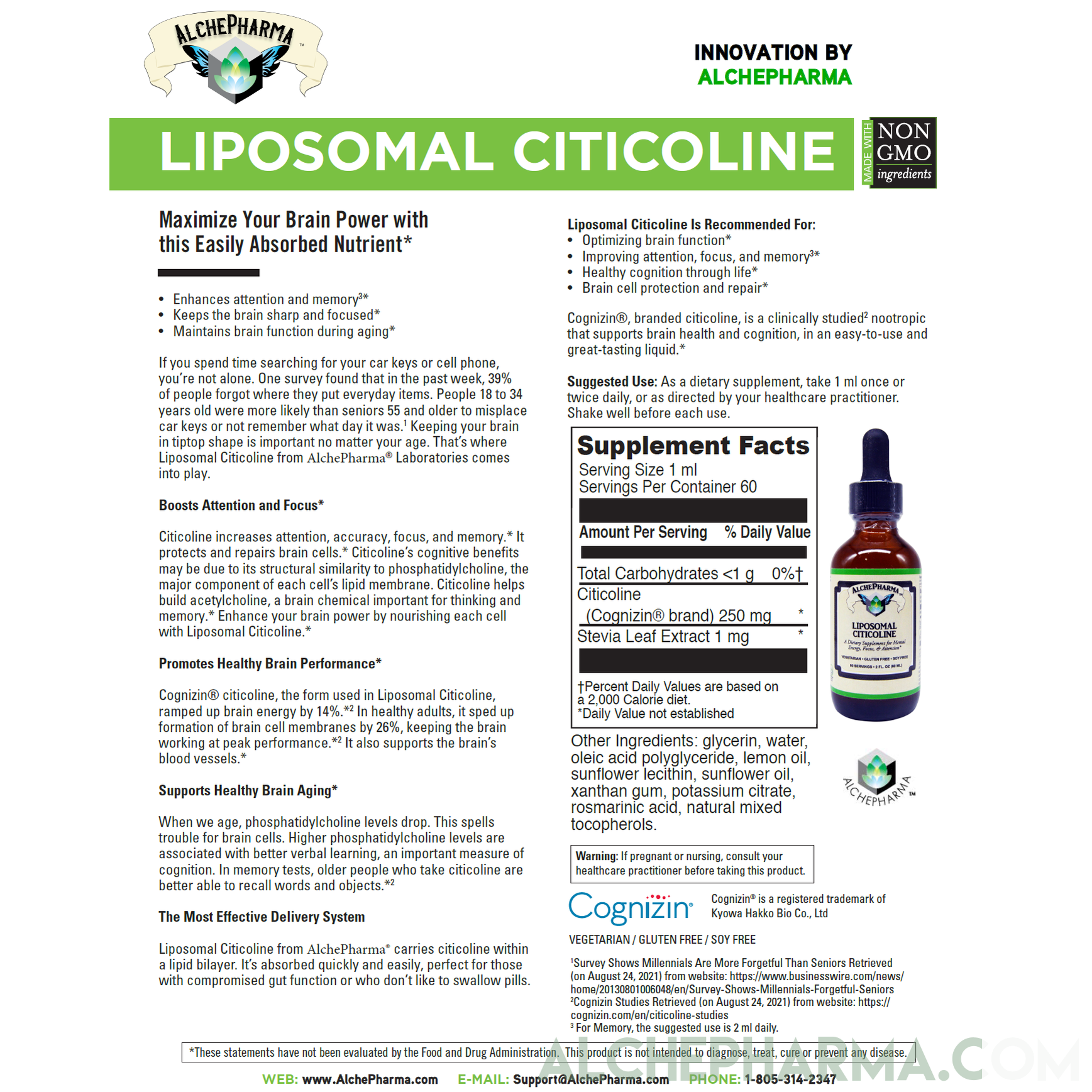 Citicoline Liposomal Liquid (Stevia Sweetened)-Vitamins & Supplements-AlchePharma