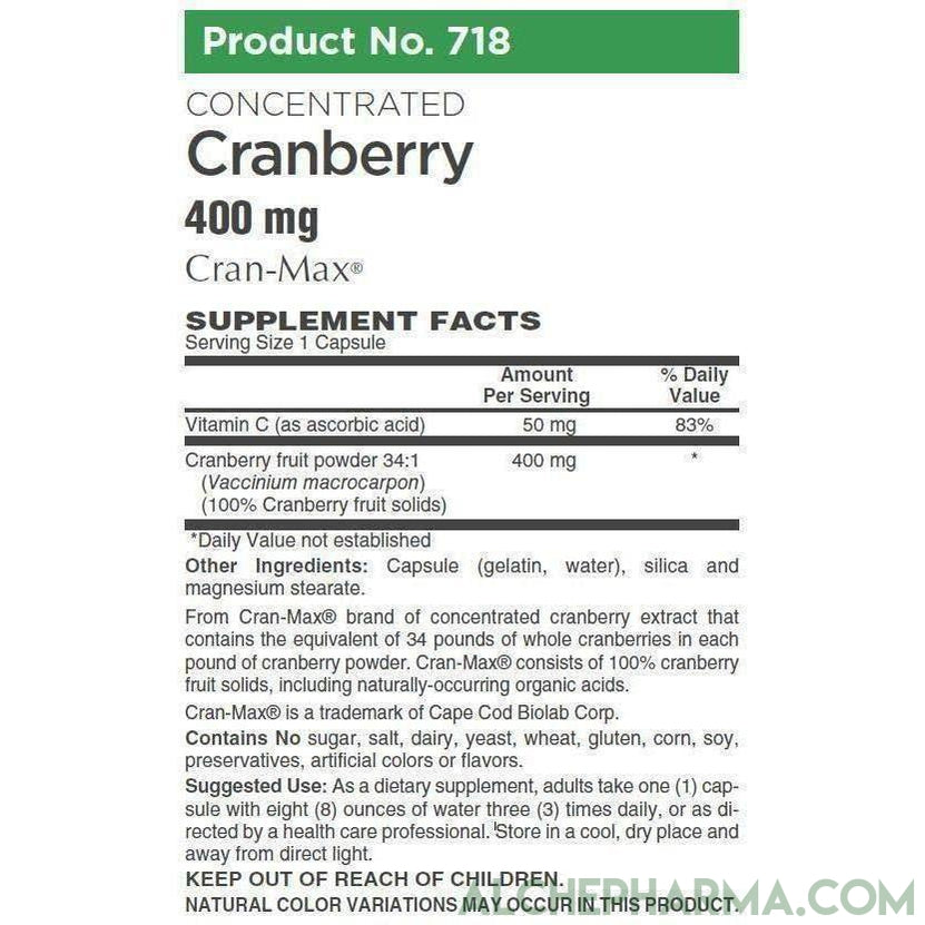 Cran-Max® Cranberry fruit powder 34:1 (Vaccinium macrocarpon) (100% Cranberry fruit solids) 400mg-cleanse-AlchePharma-60 Capsules-AlchePharma