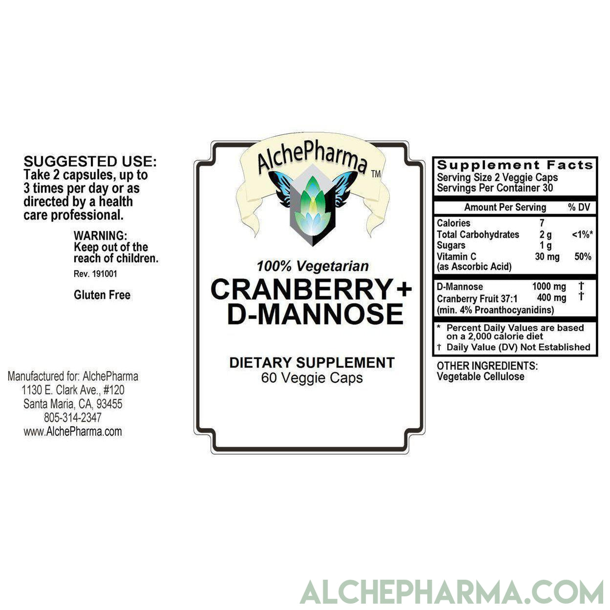Cranberry + D-Mannose w/1000mg D-Mannose and a 37:1 Cranberry super concentrate at 4% proanthocyanidins-Cleanse-AlchePharma