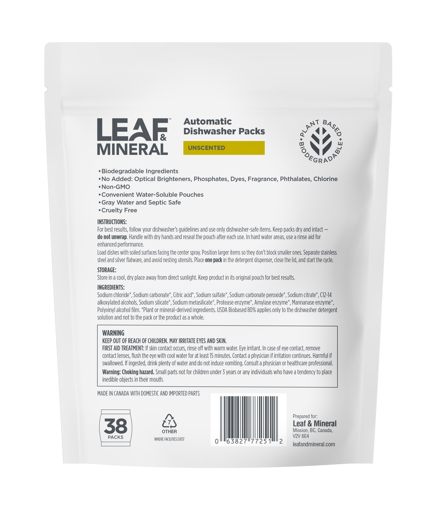 Automatic Dishwasher Packs - Plant Based, Biodegradable - 38 Packs