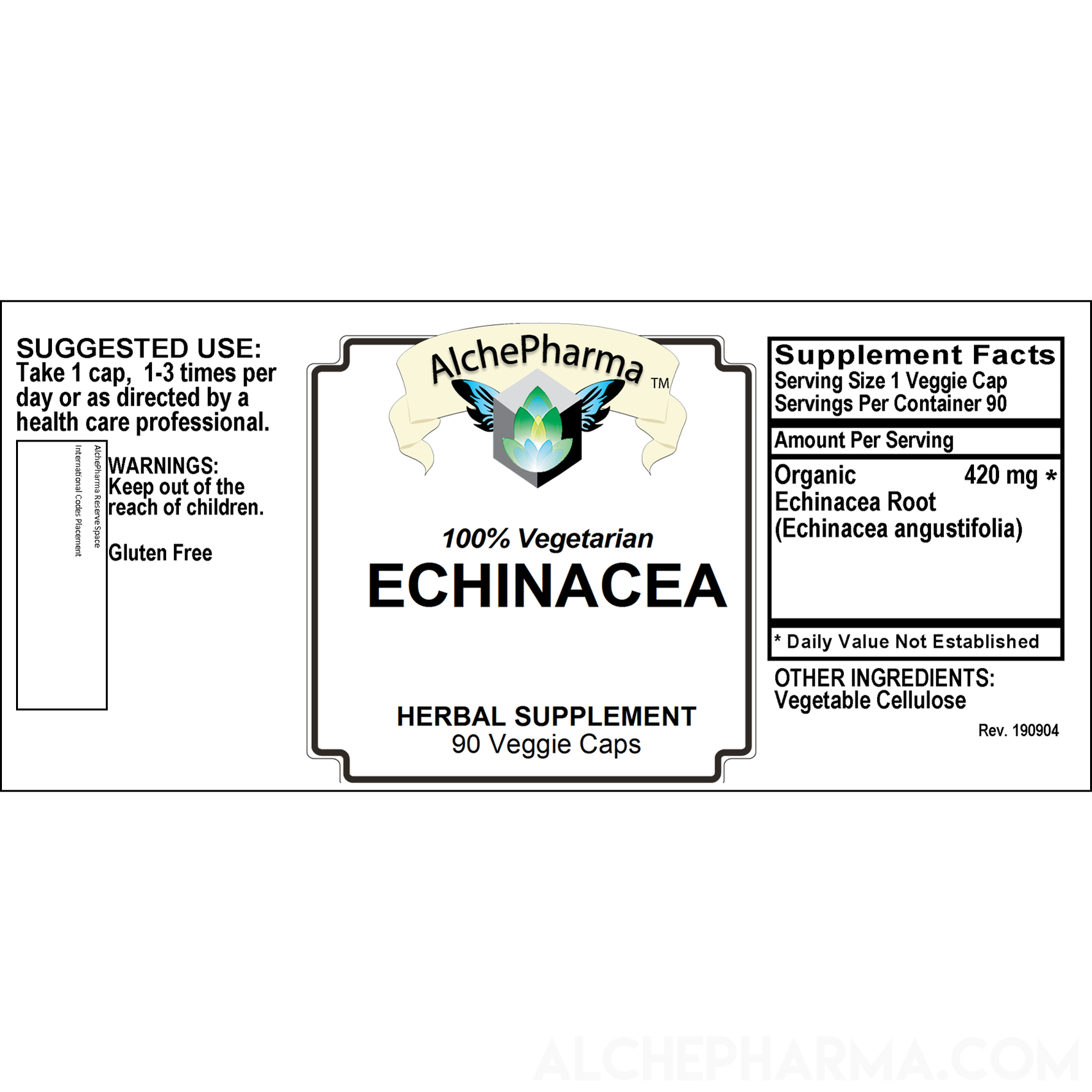 Echinacea 100% Vegetarian Organic Echinacea Angustifolia 420 mg. Vcaps PARVE K-1604-Vitamins & Supplements-AlchePharma