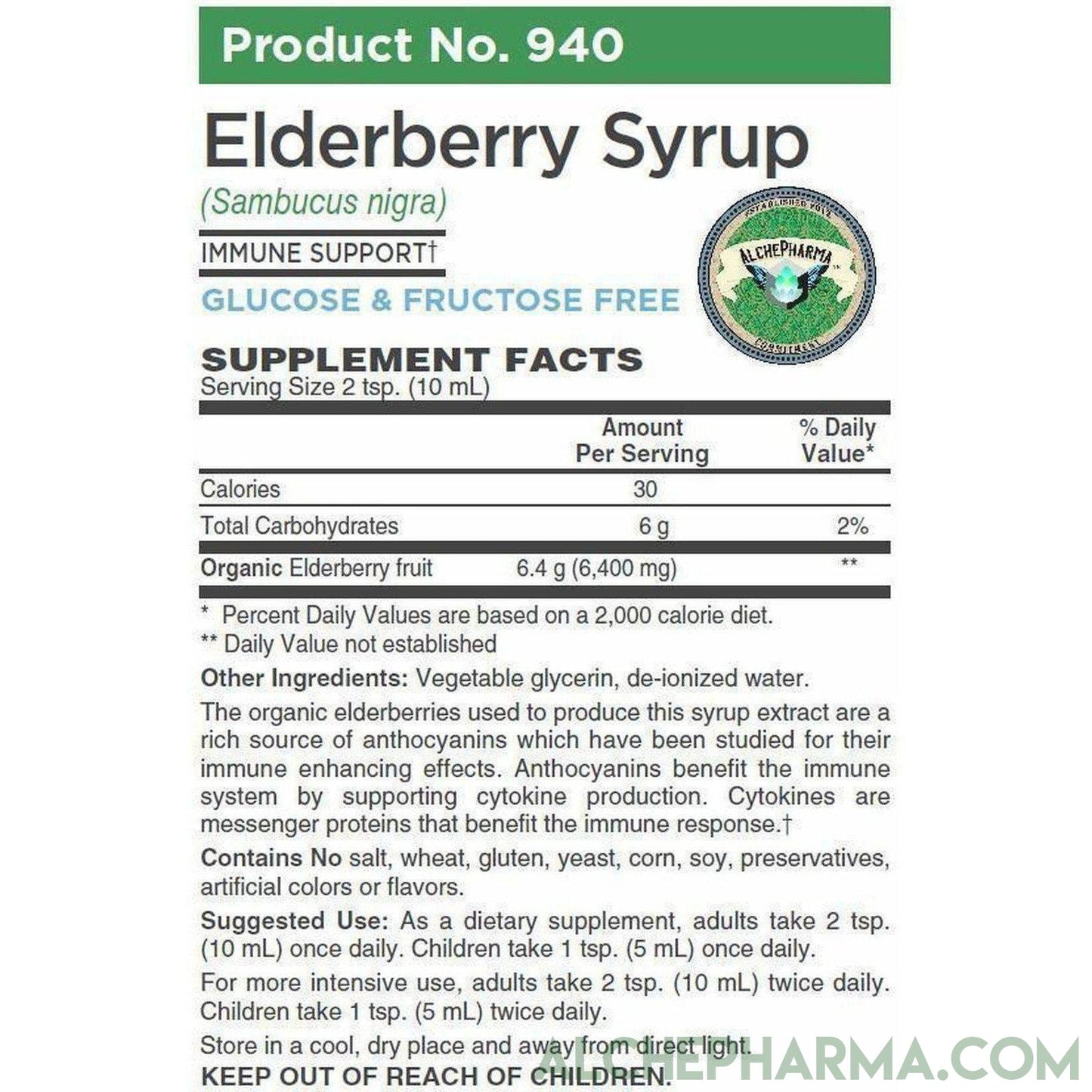 AP Elderberry Syrup Using Organic Elderberries, 6400mg. per Serving, Rich in Anthocyanins,12 Servings per Bottle, Glucose and Fructose Free, Vegetable Glycerin Base - AlchePharma