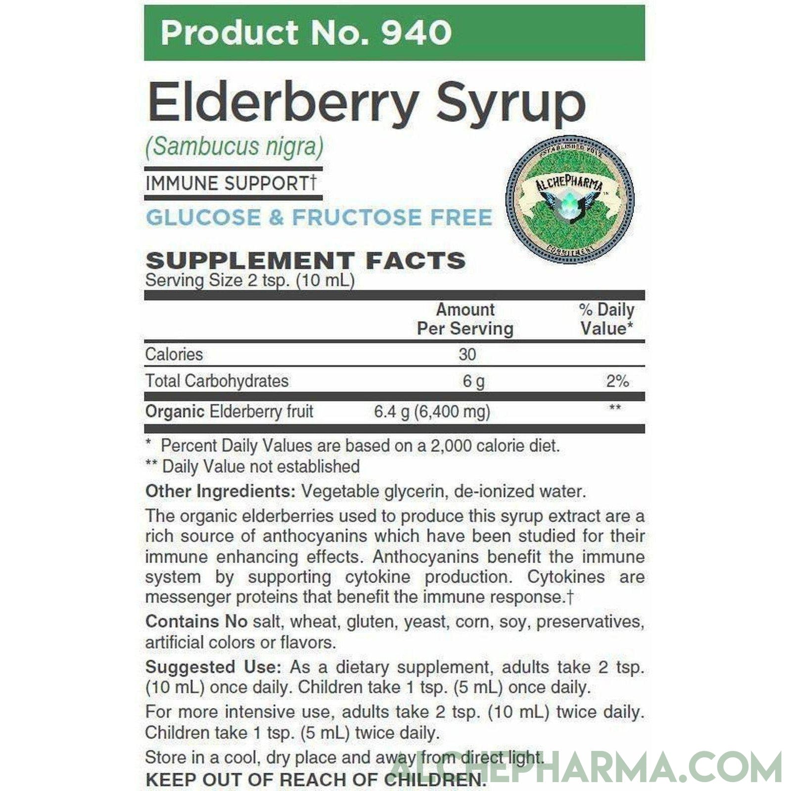 AP Elderberry Syrup Using Organic Elderberries, 6400mg. per Serving, Rich in Anthocyanins,12 Servings per Bottle, Glucose and Fructose Free, Vegetable Glycerin Base - AlchePharma