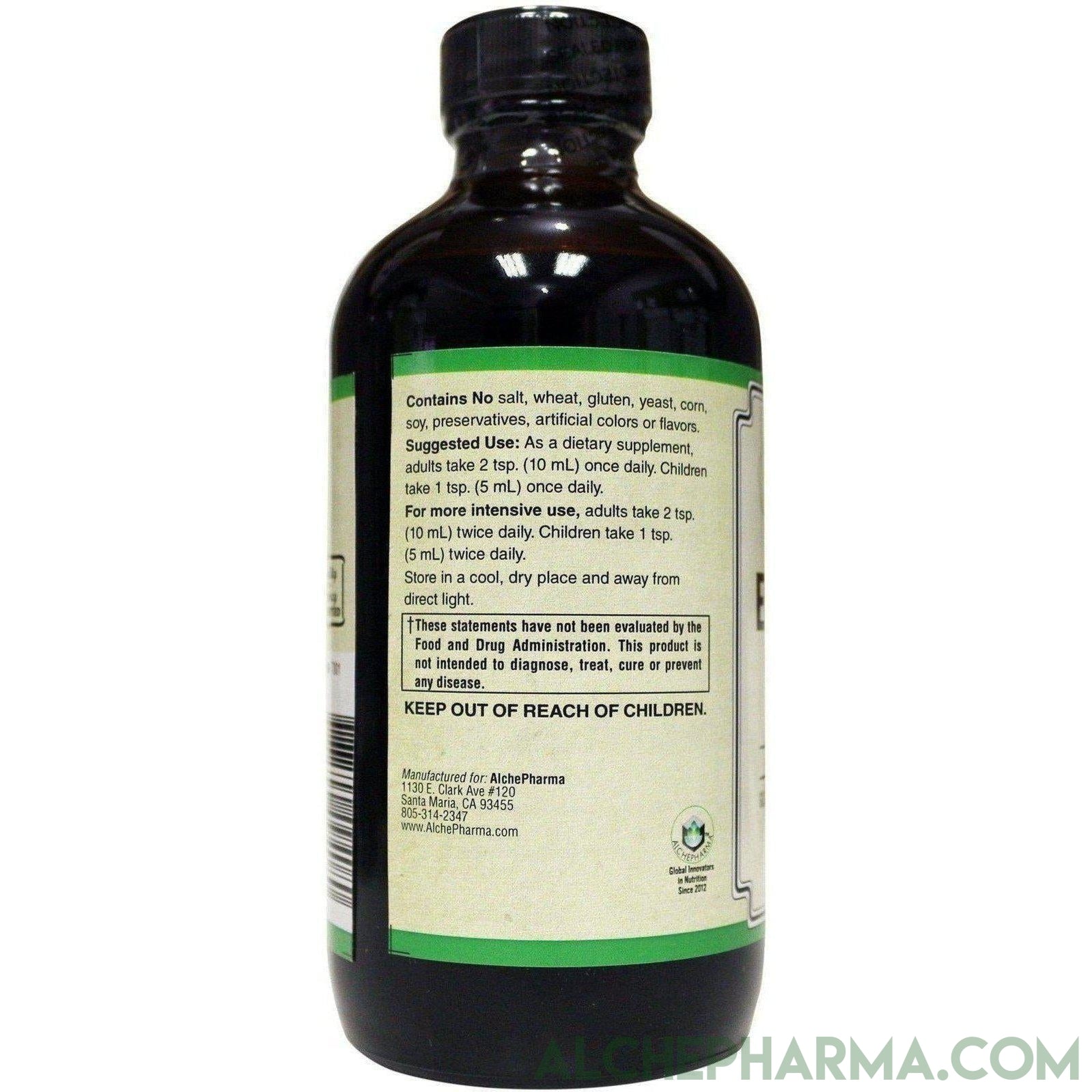 AP Elderberry Syrup Using Organic Elderberries, 6400mg. per Serving, Rich in Anthocyanins,12 Servings per Bottle, Glucose and Fructose Free, Vegetable Glycerin Base - AlchePharma