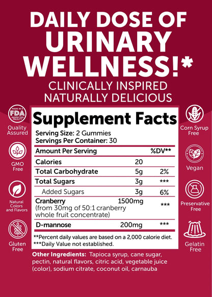 "Cranberry + D-Mannose Gummies Cranberry & Raspberry 60 Count