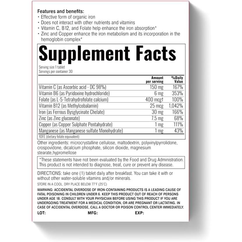 Ferrofect Iron - Ferrous Bysglycinate Complex 30 Tablets-Iron-AlchePharma