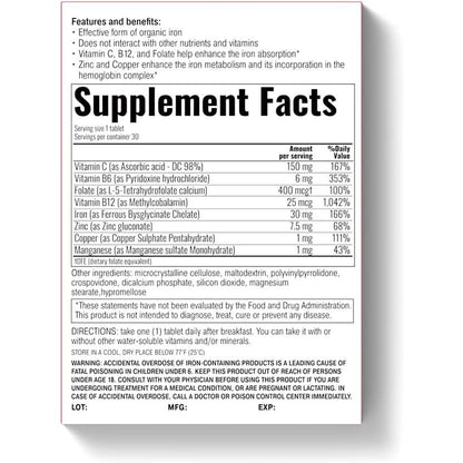 Ferrofect Iron - Ferrous Bysglycinate Complex 30 Tablets-Iron-AlchePharma