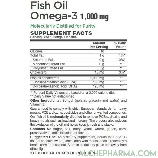 Fish Oil 1,000mg- Molecularly Distilled, European Standardized high Purity and Free of Potential Toxins-AlchePharma