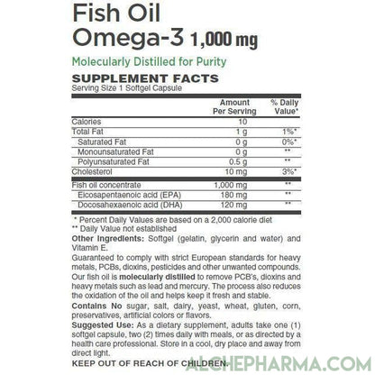 Fish Oil 1,000mg- Molecularly Distilled, European Standardized high Purity and Free of Potential Toxins-AlchePharma