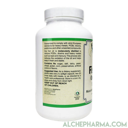Fish Oil 1,000mg- Molecularly Distilled, European Standardized high Purity and Free of Potential Toxins-AlchePharma