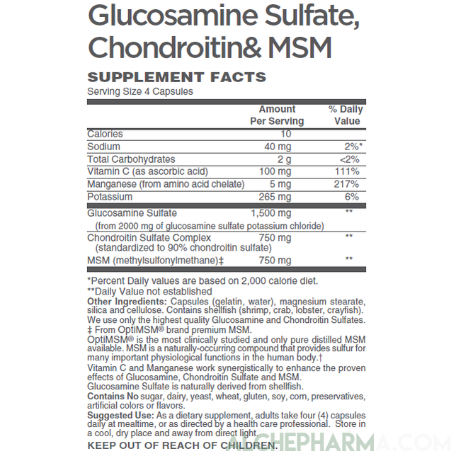 Glucosamine Sulfate, Chondroitin & MSM Capsules ( 4 Cap High Potency Formula )-Vitamins & Supplements-AlchePharma