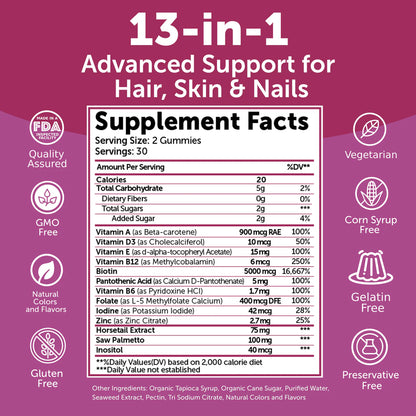 Hair Glow & Grow - Advanced Formula, Berry Flavored - 60 Gummies