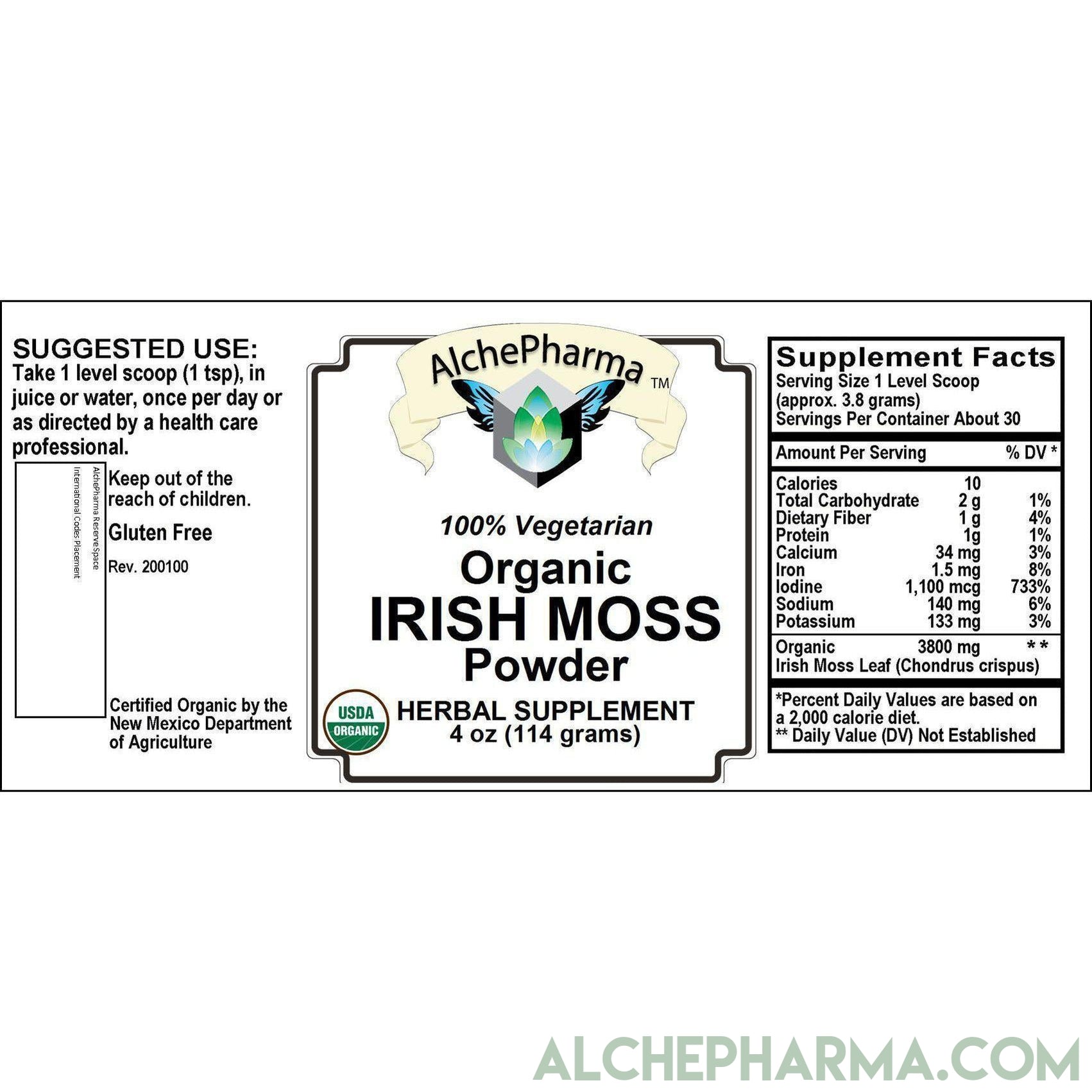Irish Moss Leaf Powder, Pure, Certified Organic, Vegan, Chondrus crispus ( In Glass )-AlchePharma