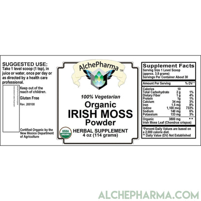 Irish Moss Leaf Powder, Pure, Certified Organic, Vegan, Chondrus crispus ( In Glass )-AlchePharma