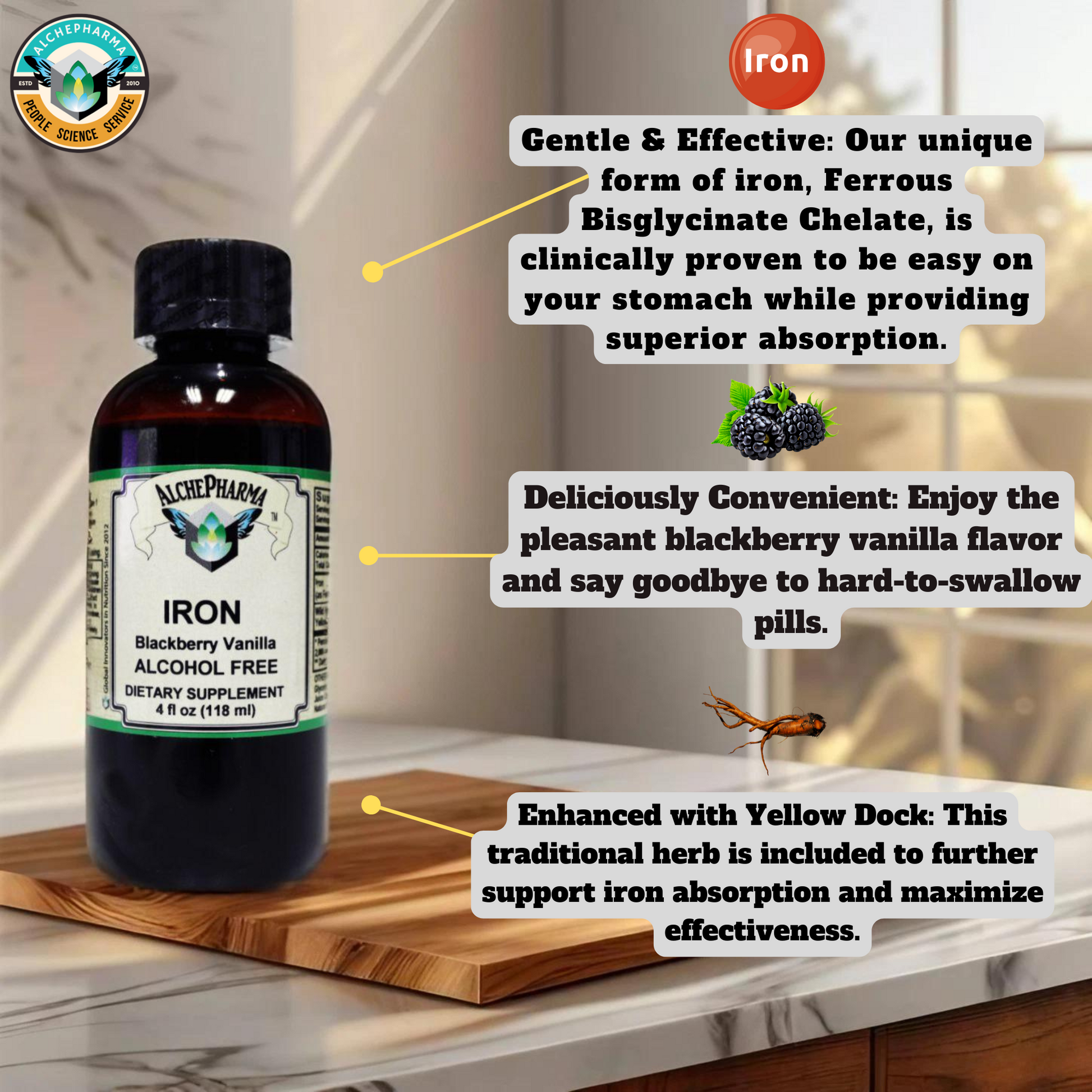 Iron Liquid ( Gentle High Absorption Ferrous Bisglycinate Chelate) Blackberry Vanilla 4 fl oz 24 servings-Minerals-AlchePharma