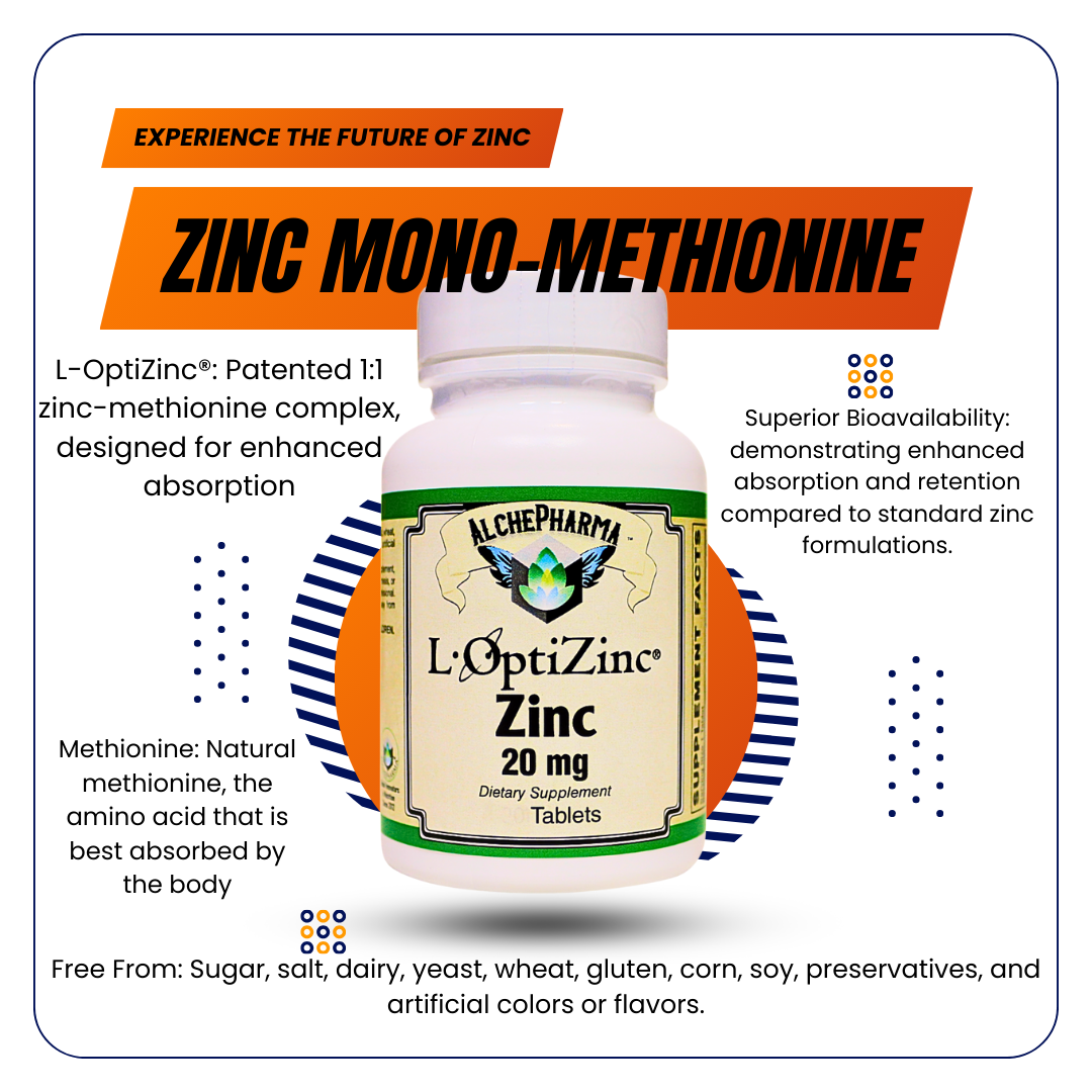 L-OptiZinc® 20mg Zinc as Mono-Methionine, not affected by dietary fiber and does not have a negative effect on copper absorption/status.-Minerals-AlchePharma