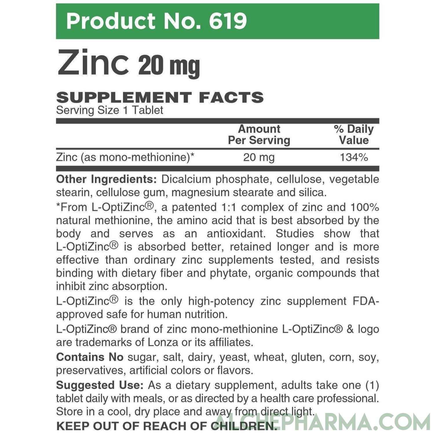 L-OptiZinc® 20mg Zinc as Mono-Methionine, not affected by dietary fiber and does not have a negative effect on copper absorption/status.-Minerals-AlchePharma