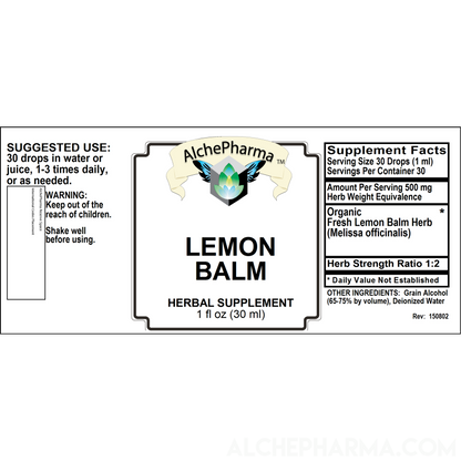 Lemon Balm Fresh Organic Tincture (Melissa officinalis) HSR 1:2 Parve k-1604-Herb Tincture-AlchePharma