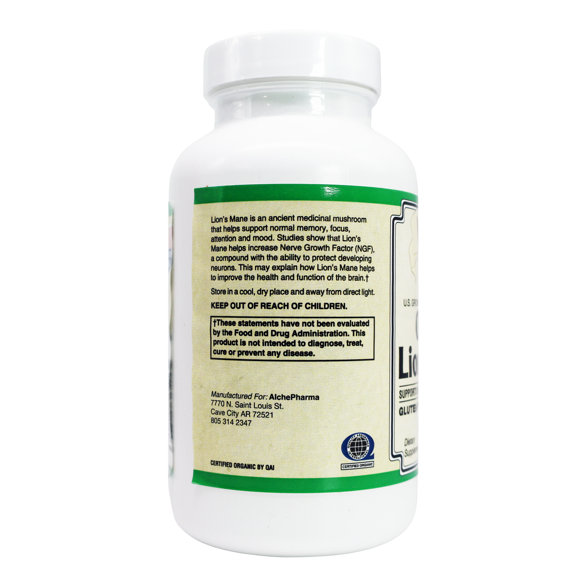 Lion's Mane Mushroom ( Organic ) 55% Polysaccharides Vegan 60 Vcaps 500 mg. per Capsule-Medicinal Mushrooms-AlchePharma